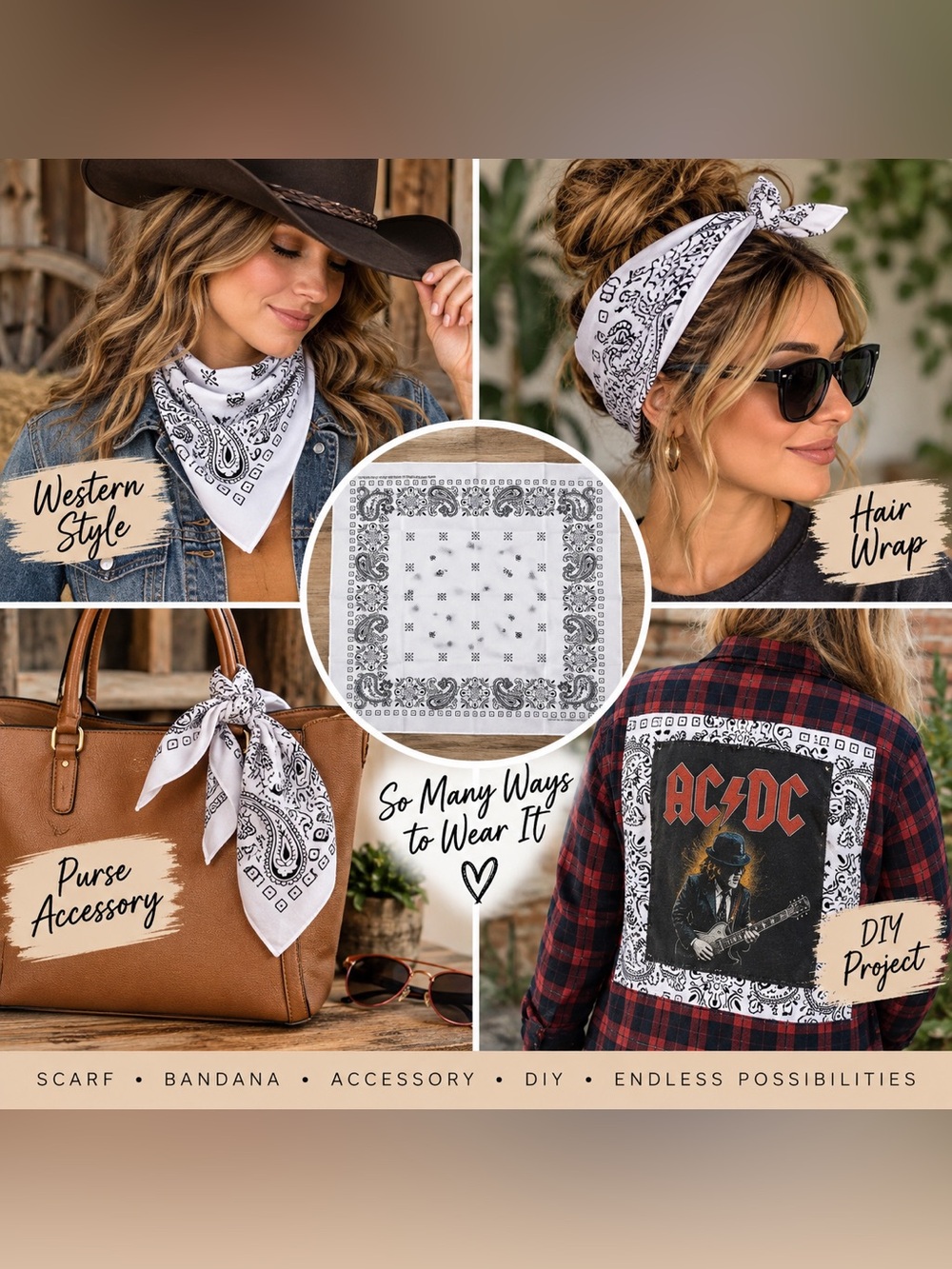 White & Black Paisley Bandana 100% Cotton Classic Western Print New